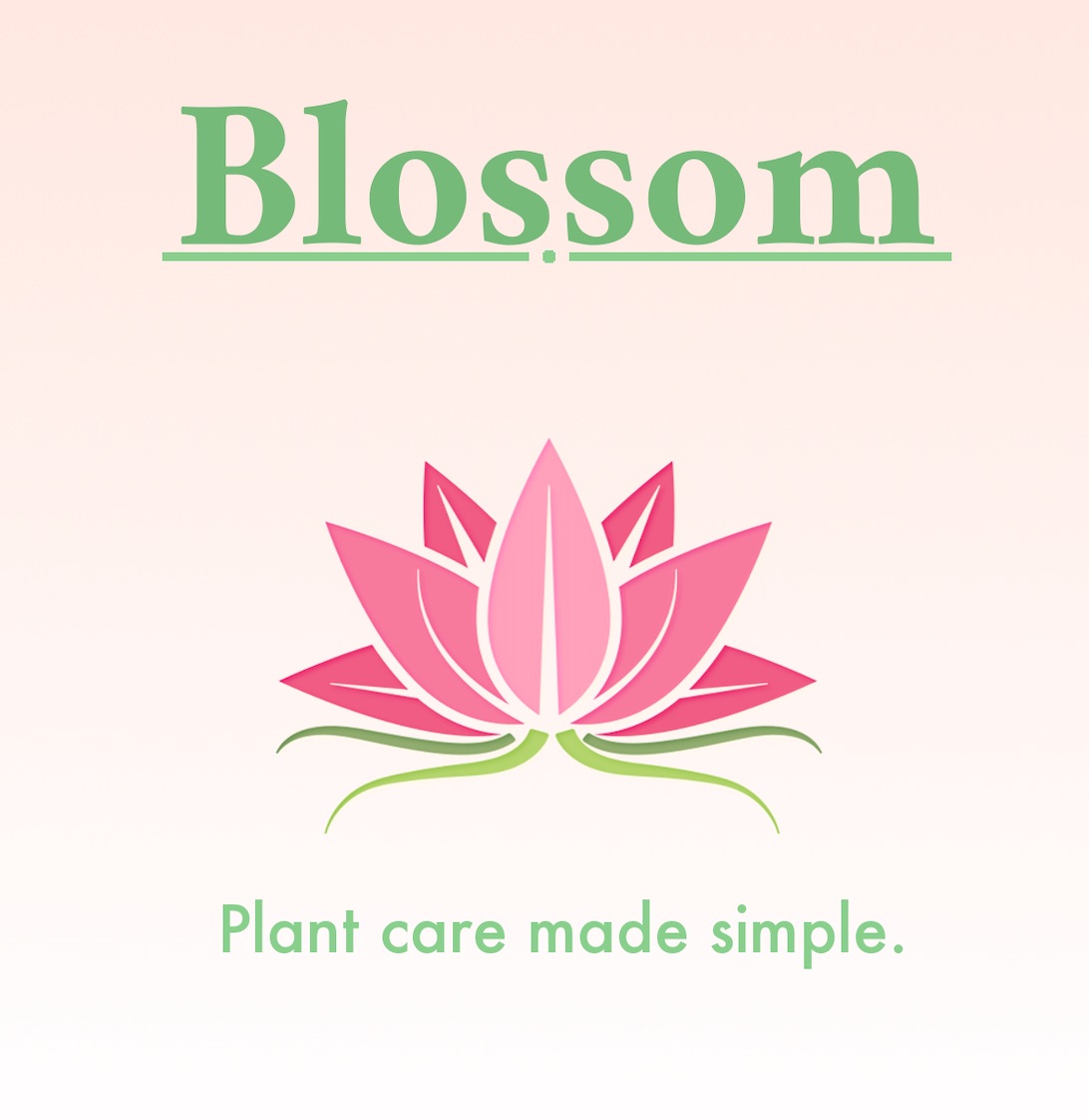 Blossom’s artwork: the Blossom wordmark in green over a pink lotus, with the line “Plant care made simple.”