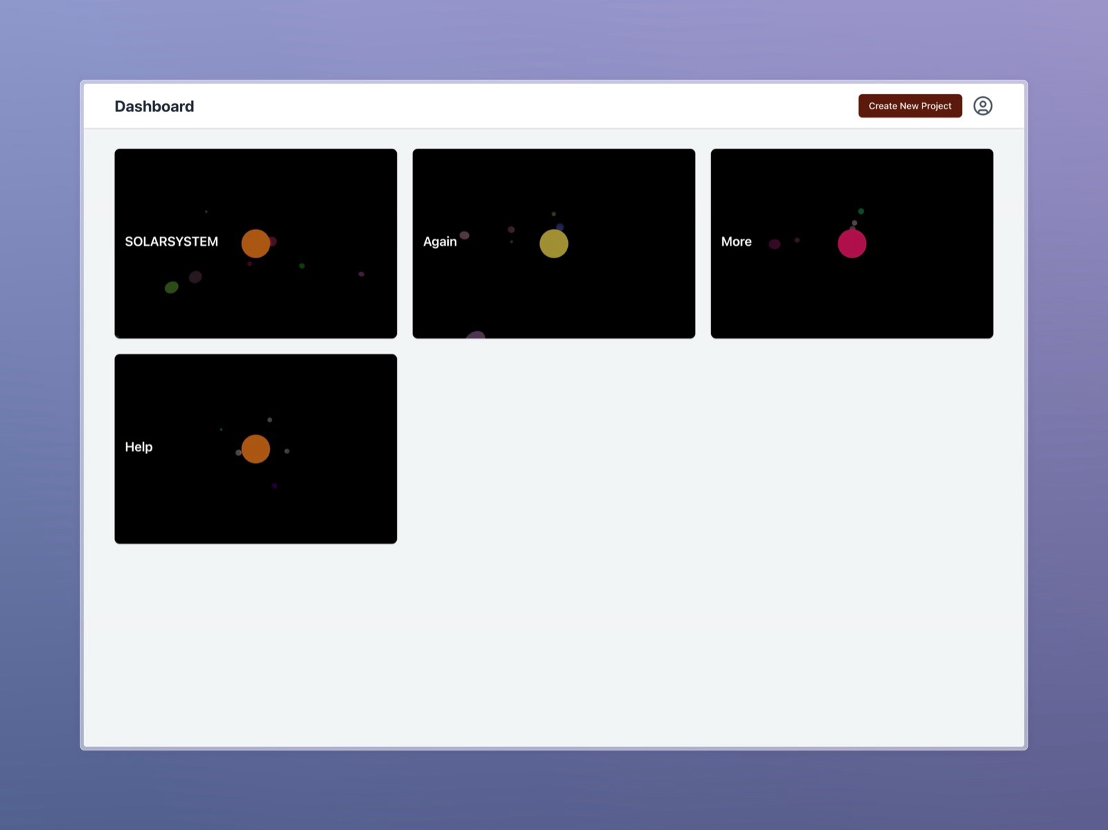 GALACTIC’s dashboard: a grid of project cards, each a small planet system, with a Create New Project button.